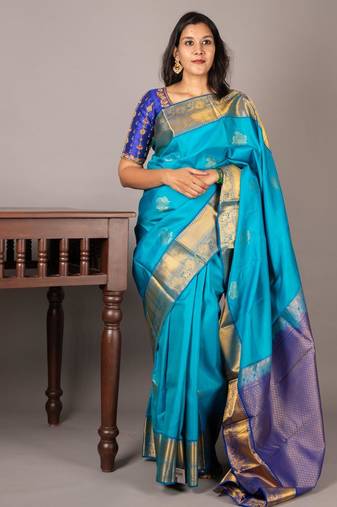 Sky blue kanjivaram silk saree with silk mark certified