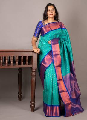 Aqua blue kanjivaram silk saree with silk mark certified 1