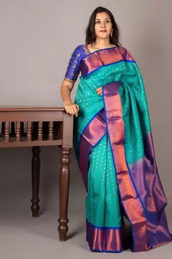 Aqua blue kanjivaram silk saree with silk mark certified