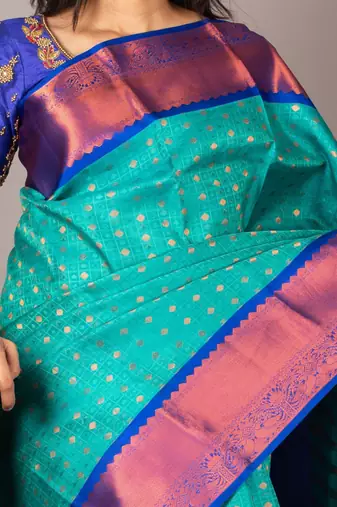 Aqua blue kanjivaram silk saree with silk mark certified