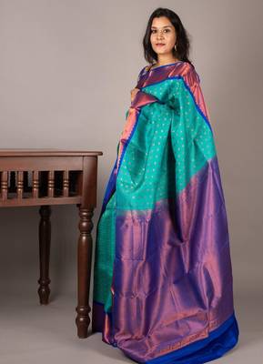 Aqua blue kanjivaram silk saree with silk mark certified 3