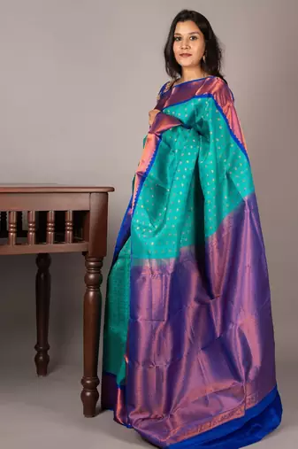 Aqua blue kanjivaram silk saree with silk mark certified