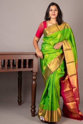 Green and pink combination saree with silk mark certified