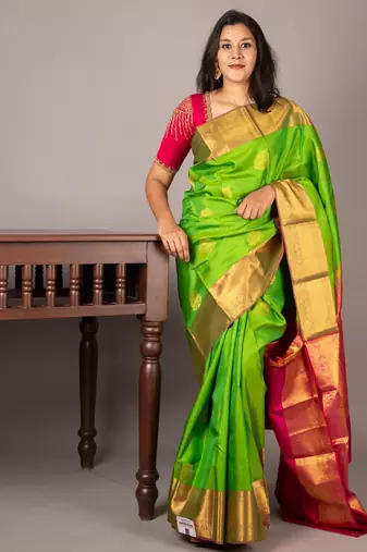 Green and pink combination saree with silk mark certified