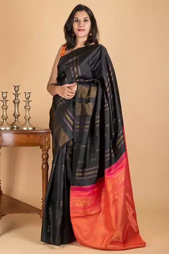 Black and orange silk saree with silk mark certified