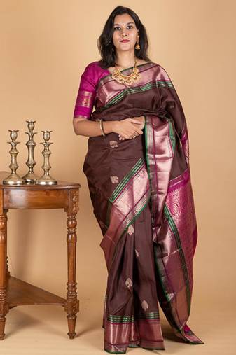 Brown and pink silk saree with silk mark certified