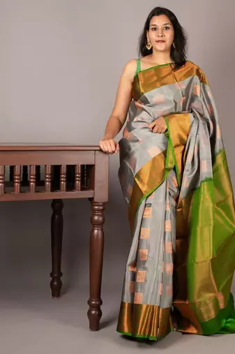 Grey and green soft silk saree with silk mark certified