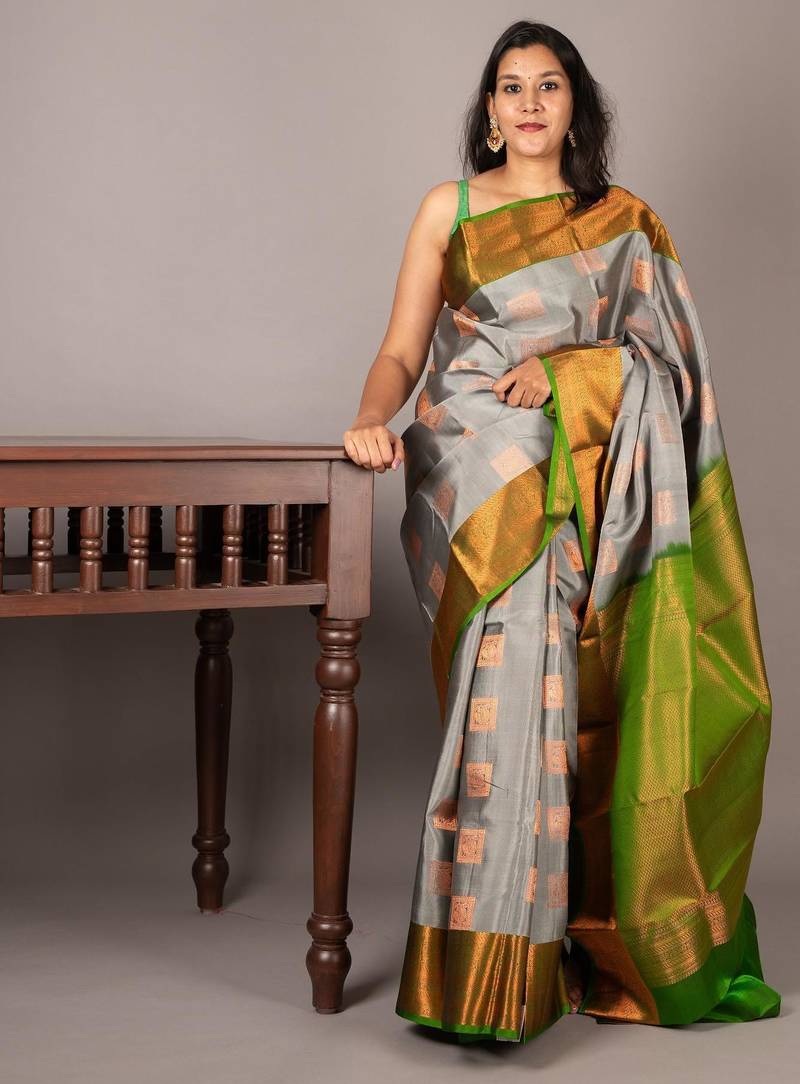 Grey and green soft silk saree with silk mark certified