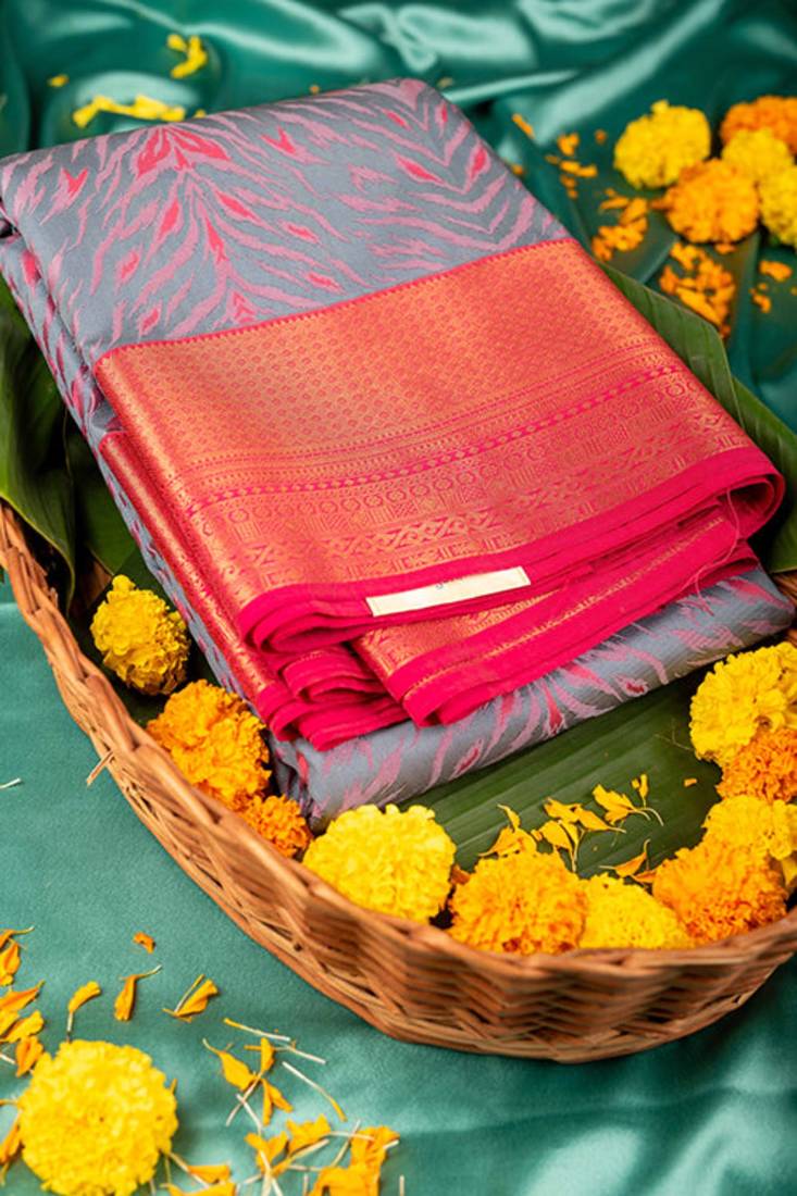 Grey and pink designer semi silk saree