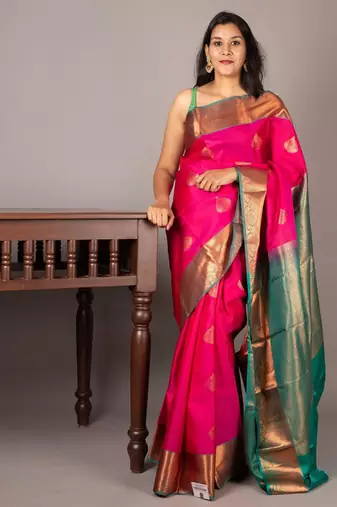 Pink and blue combination silk saree with silk mark certified