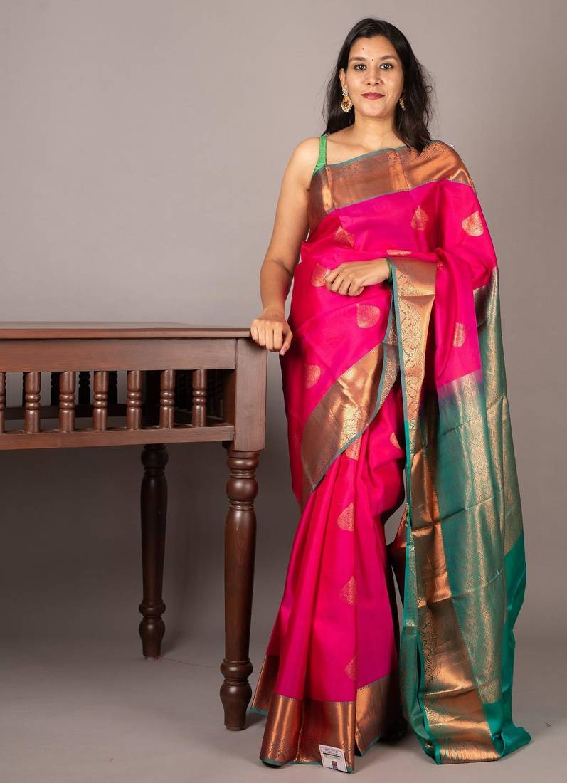 Pink and blue combination silk saree with silk mark certified