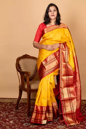 Mustard kanjivaram silk saree with silk mark certified