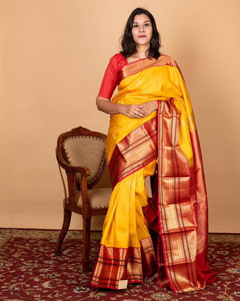 Mustard kanjivaram silk saree with silk mark certified