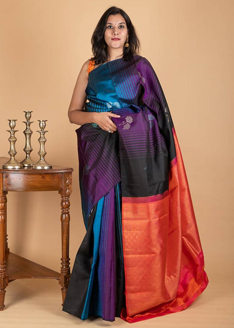Black designer silk saree with silk mark certified