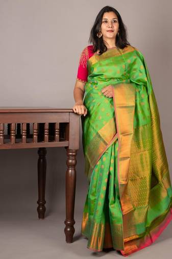 Pastel green silk saree with silk mark certified