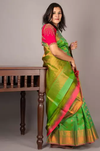 Pastel green silk saree with silk mark certified