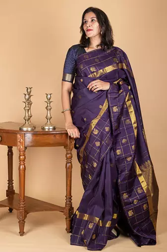 Blue vairaoosi checks silk saree with silk mark certified