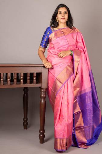 Pastel pink brocade silk saree with silk mark certified