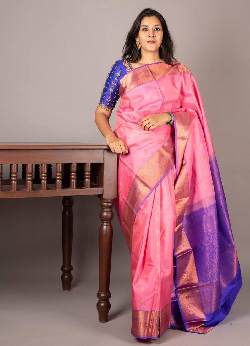 Pastel pink brocade silk saree with silk mark certified