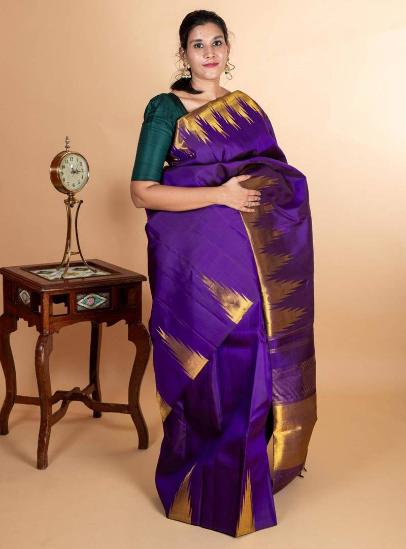 Purple temple border kanjivaram silk saree with silk mark certified