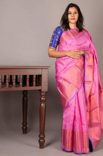 Dark blue & pink kanchipuram silk saree with silk mark certified