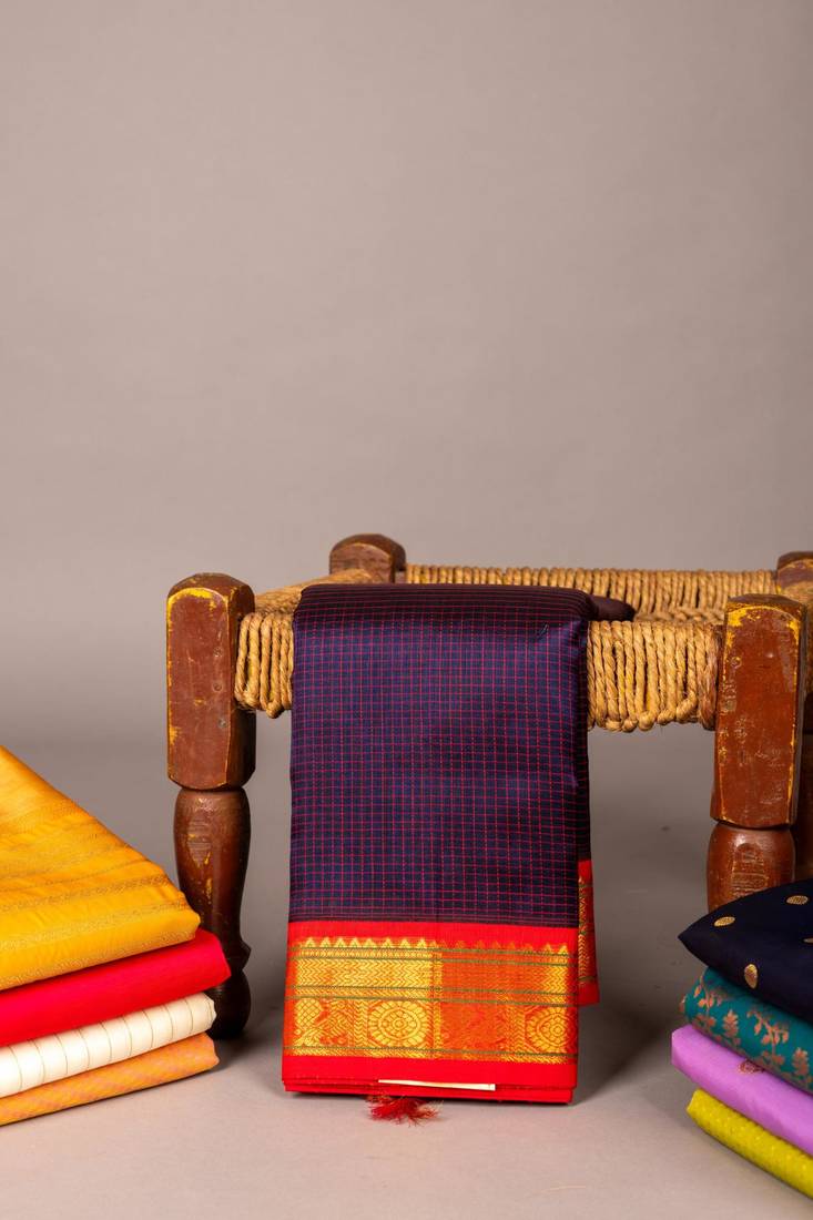 Ms blue and red pure kanchi sico saree