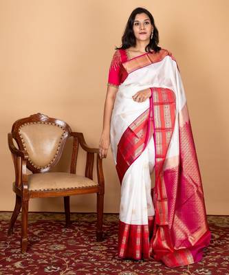 Offwhite and pink pure silk saree with silk mark certified 1