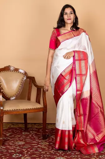 Offwhite and pink silk saree with blouse 