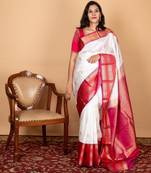 Offwhite and pink pure silk saree with silk mark certified