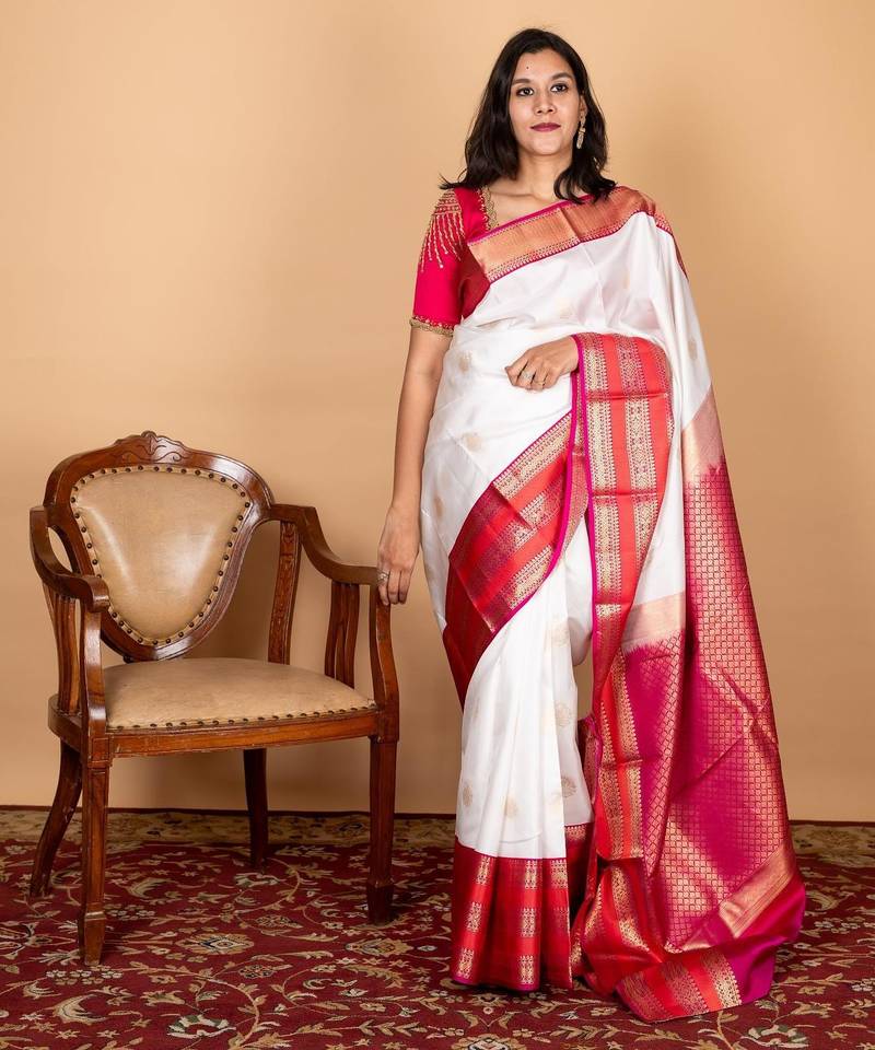 Offwhite and pink pure silk saree with silk mark certified