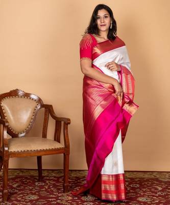 Offwhite and pink pure silk saree with silk mark certified 3