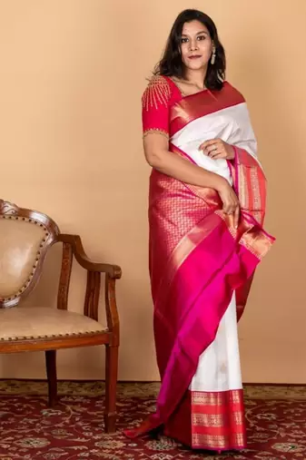 Offwhite and pink silk saree with blouse 