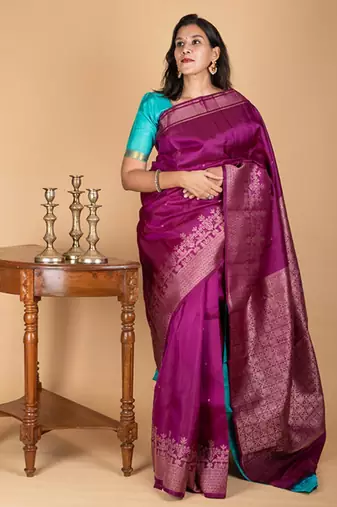 Brinjal purple and blue pure silk saree with silk mark certified