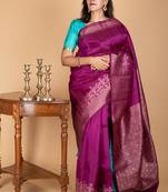 Brinjal purple and blue pure silk saree with silk mark certified