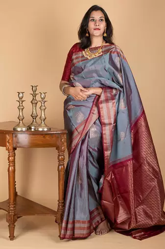 Grey and maroon combination saree with silk mark certified