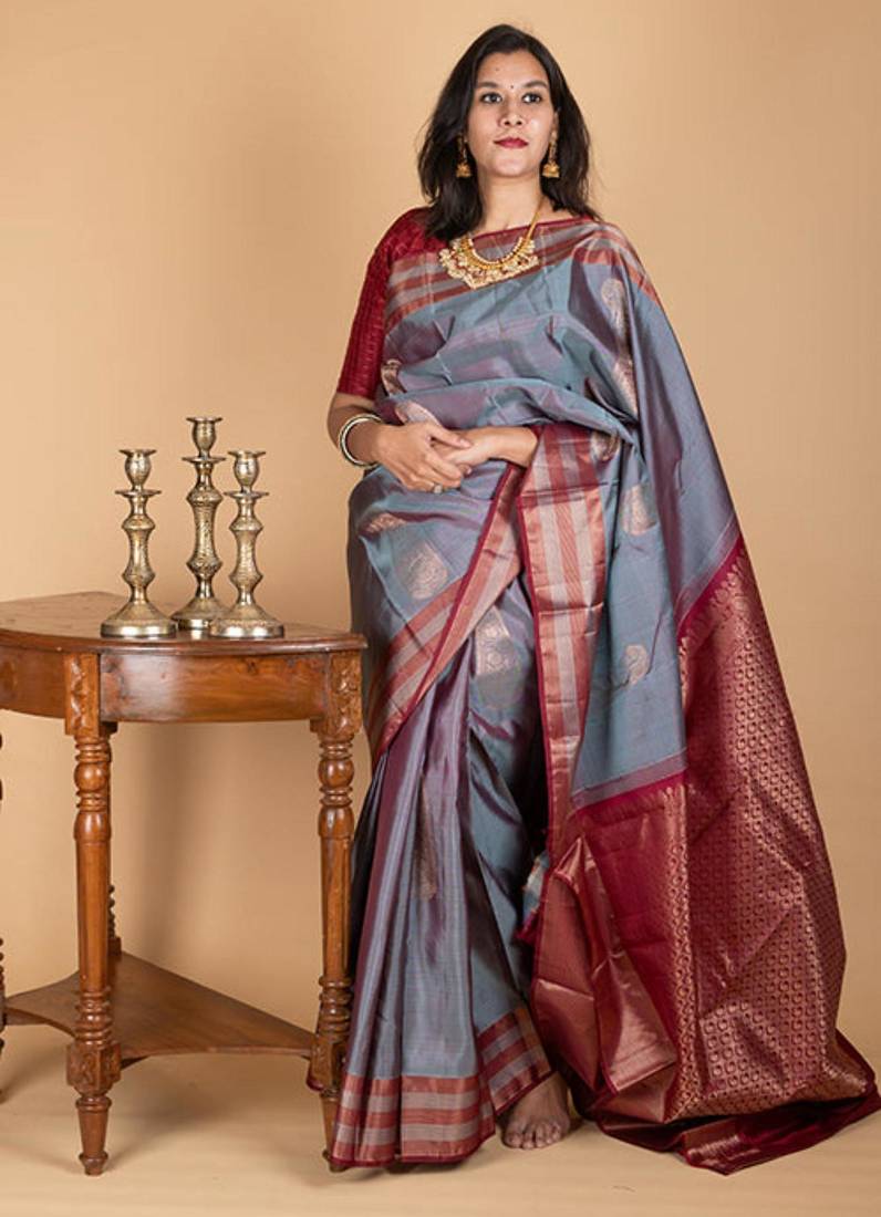 Grey and maroon combination saree with silk mark certified