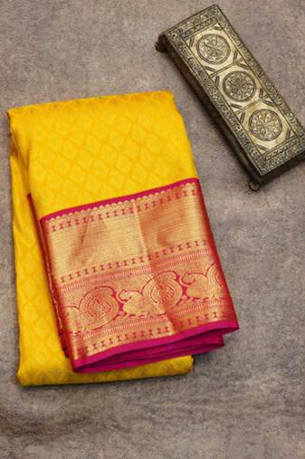 Yellow and pink silk saree with silk mark certified