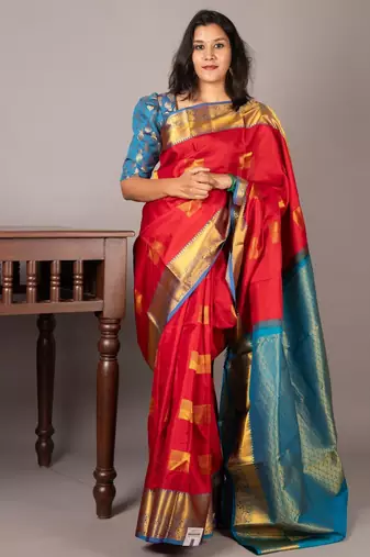 Red and blue silk saree with silk mark certified