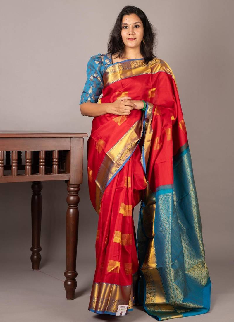 Red and blue silk saree with silk mark certified