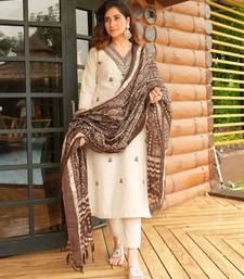 White Floral Embroidered Off V-Neck Pure Cotton Kurta With Trouser &Dupatta