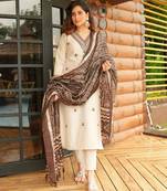 White Floral Embroidered Off V-Neck Pure Cotton Kurta With Trouser &Dupatta