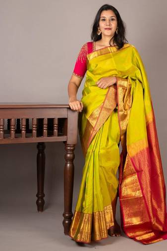 Light green and pink soft silk saree with silk mark certified