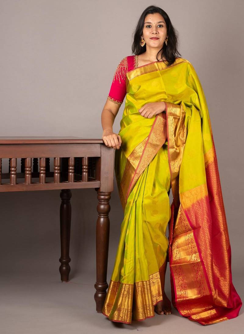 Light green and pink soft silk saree with silk mark certified