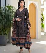 Black Floral Printed V-Neck Pure Cotton Kurta With Trouser & Dupatta