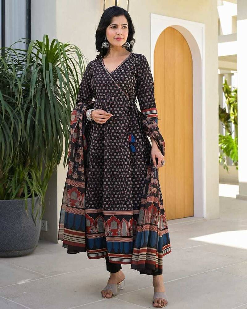 Black Floral Printed V-Neck Pure Cotton Kurta With Trouser & Dupatta