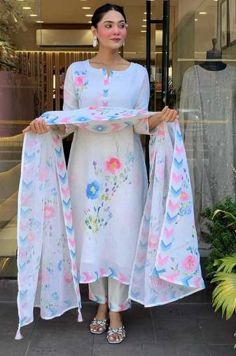 White Floral Printed Round Neck Pure Silk Kurta With Trouser & Dupatta
