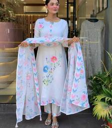 White Floral Printed Round Neck Pure Silk Kurta With Trouser & Dupatta
