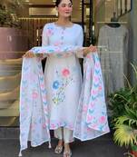 White Floral Printed Round Neck Pure Silk Kurta With Trouser & Dupatta