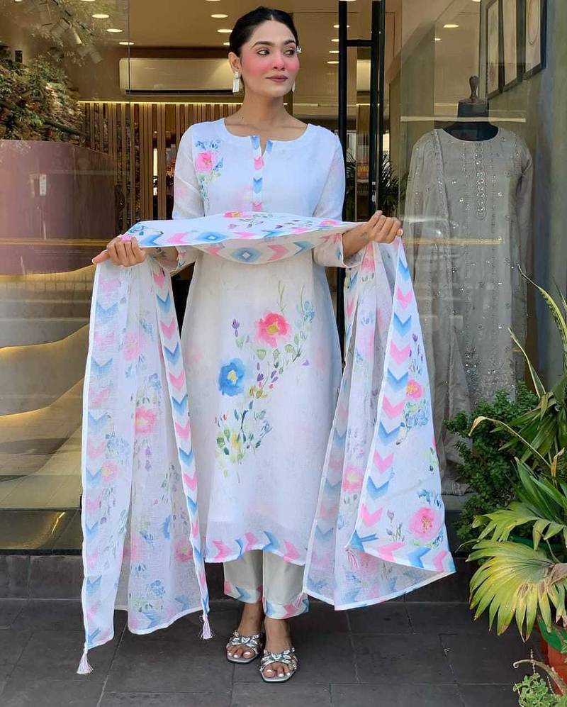 White Floral Printed Round Neck Pure Silk Kurta With Trouser & Dupatta