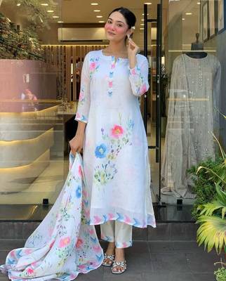 White Floral Printed Round Neck  silk blend Kurta With Trouser & Dupatta 2